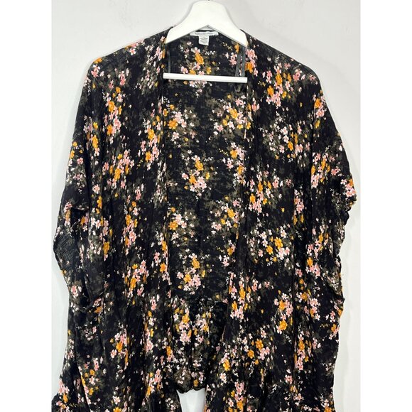 American Eagle Boho Floral Ruffle Kimono Cardigan One Size Black Pink - Picture 2 of 16